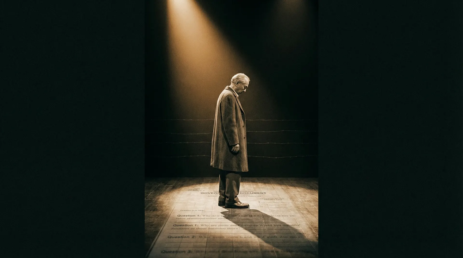 The Elder standing alone in a spotlight on an empty stage